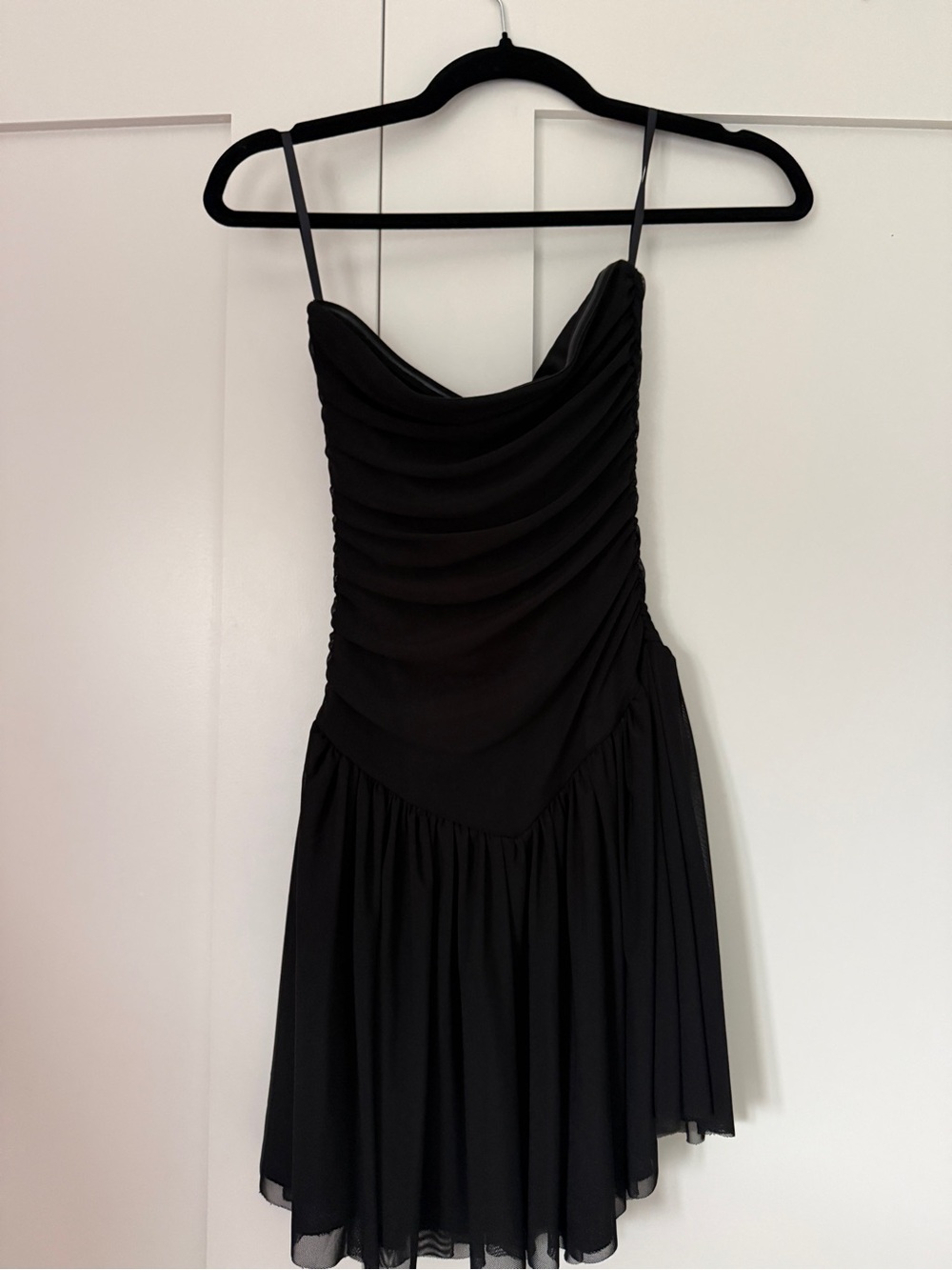 Urban Outfitters Black Strapless Ruched Mesh Drop Waist Mini Dress NWT S